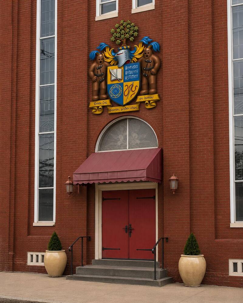Pigtown Sanctuary brick facade with red doors and crest